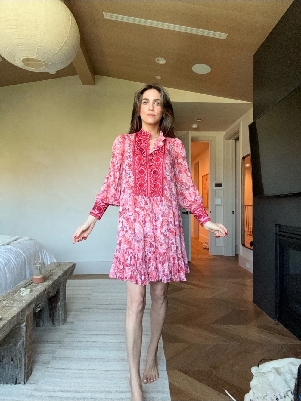 Bohemian Pink Floral Tiered Mini Dress
